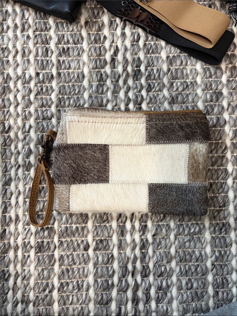 Myra Bag Patchwork Hair-On Leather Wristlet Clutch in Cream and Brown